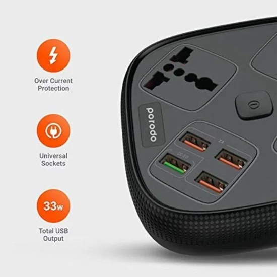 Porodo 3 USB Port 3A + 1 QC 3.0 with 3 Universal Power Sockets 10A - Black
